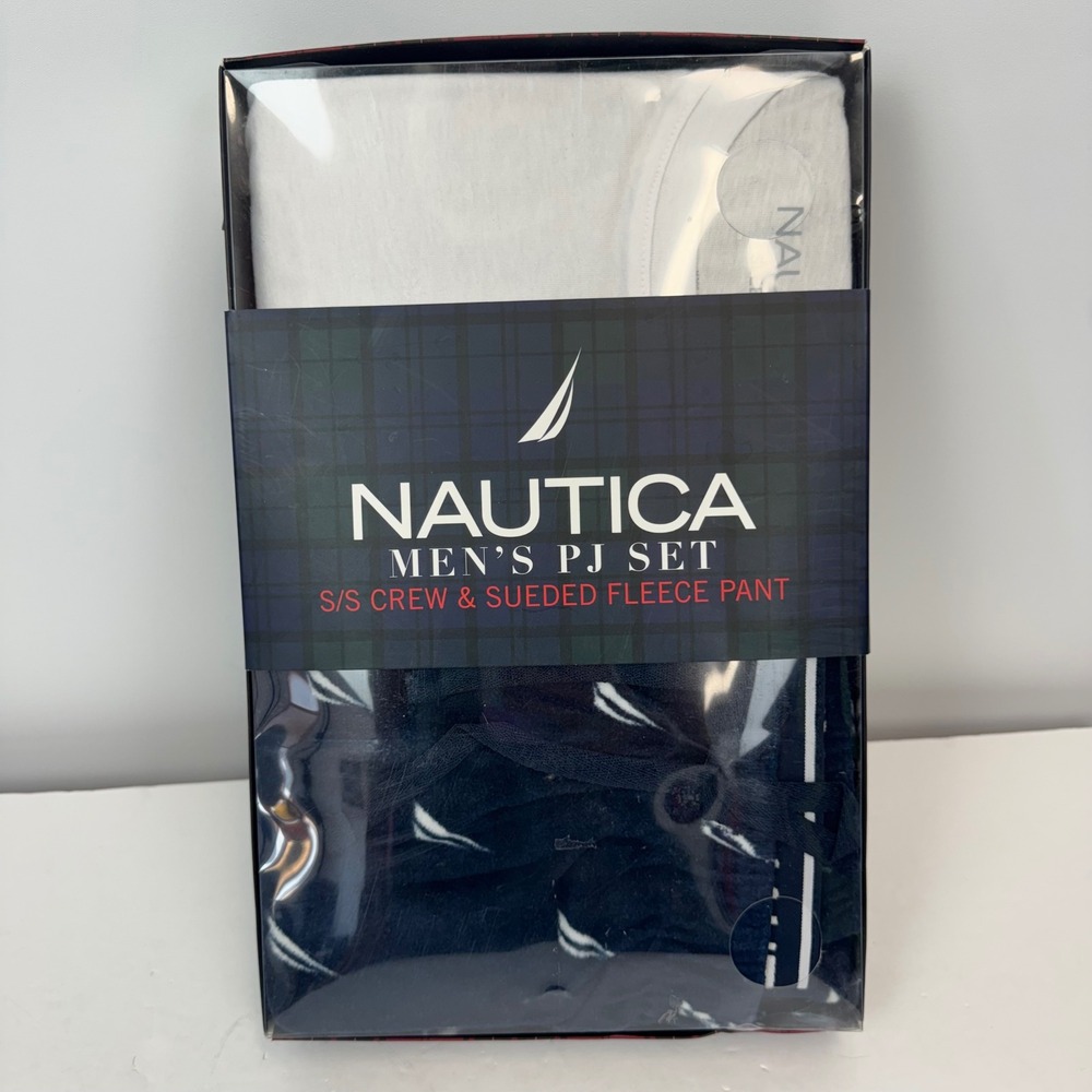 Nautica Mens PJ Set XL White Crew Neck Shirt Navy Sueded Fleece Pants Gift NEW